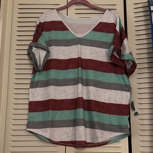 SHEIN Striped V-Neck Short Sleeve Top - Mint Green, Burgundy, Gray, White